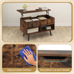 Costway Lift Top Coffee Table Mid Century Modern Accent Table W/shelves-Brown - thumbnail 6