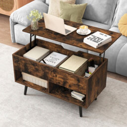 Costway Lift Top Coffee Table Mid Century Modern Accent Table W/shelves-Brown - thumbnail 5