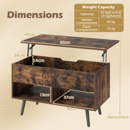 Costway Lift Top Coffee Table Mid Century Modern Accent Table W/shelves-Brown - thumbnail 2