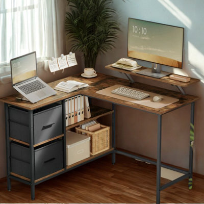 FURNOLD Industrial Rustic L-Shaped Corner Computer Desk With Drawers - image 1
