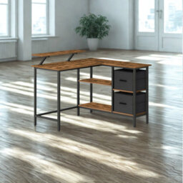 FURNOLD Industrial Rustic L-Shaped Corner Computer Desk With Drawers - thumbnail 4