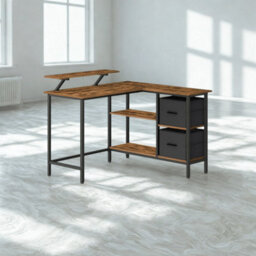 FURNOLD Industrial Rustic L-Shaped Corner Computer Desk With Drawers - thumbnail 5