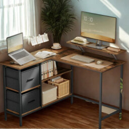 FURNOLD Industrial Rustic L-Shaped Corner Computer Desk With Drawers