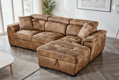 Faux Leather Suede Brown  Corner Sofa Bed With Storage 2C1 Sofabed - image 1