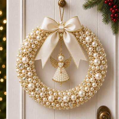 Amorly Diy Christmas Pearl Wreath Kit, Handmade Beaded Holiday Door Decor With Beads,ribbon And Instructions,craft Gift (Angel Blessings) - image 1