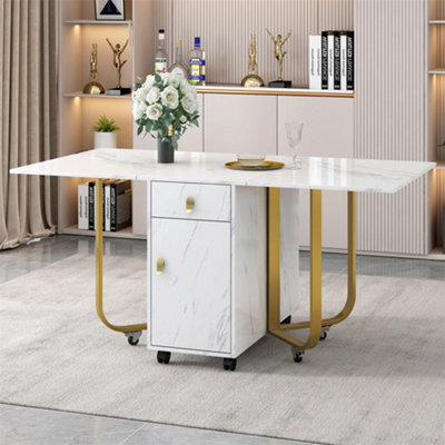 Abrihome Folding Dining Table With Cupboard And 2 Drawers,  Space-Saving Dining Table With 4 Supporting Legs On Gliders, White/gold - image 1