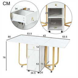 Abrihome Folding Dining Table With Cupboard And 2 Drawers,  Space-Saving Dining Table With 4 Supporting Legs On Gliders, White/gold - thumbnail 4