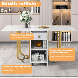 Abrihome Folding Dining Table With Cupboard And 2 Drawers,  Space-Saving Dining Table With 4 Supporting Legs On Gliders, White/gold - thumbnail 6