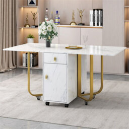 Abrihome Folding Dining Table With Cupboard And 2 Drawers,  Space-Saving Dining Table With 4 Supporting Legs On Gliders, White/gold - thumbnail 1