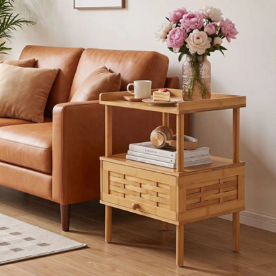 Wooden End Table Rattan Front Storage Cabinet Walnut Bedside Unit - image 1