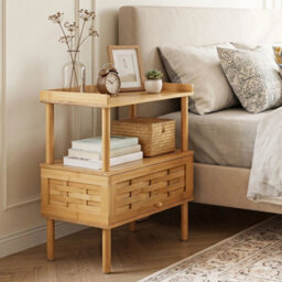 Wooden End Table Rattan Front Storage Cabinet Walnut Bedside Unit - thumbnail 3