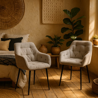Wyld Haus Buttonfern Set Of 2 Beige Bouclé Diamond-Tufted Dining Chairs With Armrests - image 1