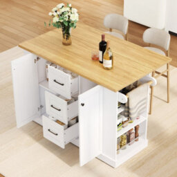 Btm Mobile Kitchen Island 120X45X90Cm, Foldable Countertop, Double-Sided 3-Tier Storage Rack, 3 Drawers And Lockable Wheels - thumbnail 2