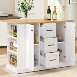 Btm Mobile Kitchen Island 120X45X90Cm, Foldable Countertop, Double-Sided 3-Tier Storage Rack, 3 Drawers And Lockable Wheels - thumbnail 3
