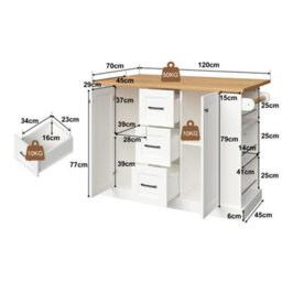 Btm Mobile Kitchen Island 120X45X90Cm, Foldable Countertop, Double-Sided 3-Tier Storage Rack, 3 Drawers And Lockable Wheels - thumbnail 4