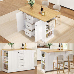 Btm Mobile Kitchen Island 120X45X90Cm, Foldable Countertop, Double-Sided 3-Tier Storage Rack, 3 Drawers And Lockable Wheels - thumbnail 1