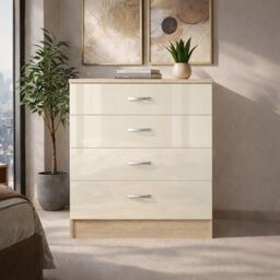 Harmin High Gloss 4 Drawer Chest - Height 68.5 Cm X Width 60 Cm X Depth 40 Cm (Cream On Sonoma Oak) - thumbnail 2