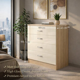 Harmin High Gloss 4 Drawer Chest - Height 68.5 Cm X Width 60 Cm X Depth 40 Cm (Cream On Sonoma Oak) - thumbnail 3