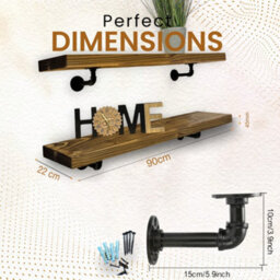 MKGT Wall-Mounted Wooden Shelf With Pipe Brackets (Tudor Oak, 90Cm Long) - thumbnail 2