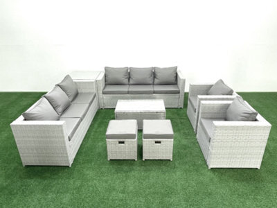 Fimous Outdoor Rattan Sofa Garden Furniture Set 2 Armchairs Oblong Coffee Table 2 Small Stools Side Table Light Grey - image 1