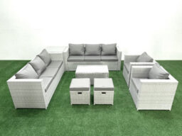 Fimous Outdoor Rattan Sofa Garden Furniture Set 2 Armchairs Oblong Coffee Table 2 Small Stools Side Table Light Grey - thumbnail 1