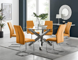 Furniturebox Uk Vogue Large Round Chrome Metal Clear Glass Dining Table And 6 Mustard Lorenzo Dining Chairs Set - thumbnail 1