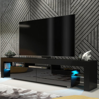 Tv Unit Nova 200Cm - Black With Gloss Doors And Led Lights - image 1