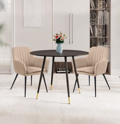 Hallowood Furniture Finley Small Round Dining Table In Black Finish With 2 Light Brown Fabric Armed Chairs - image 1