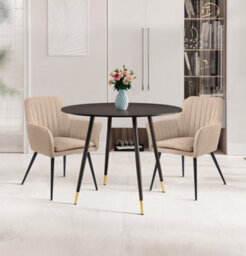 Hallowood Furniture Finley Small Round Dining Table In Black Finish With 2 Light Brown Fabric Armed Chairs