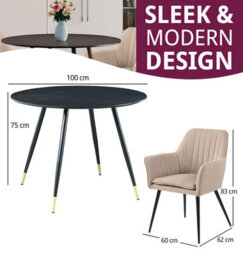 Hallowood Furniture Finley Small Round Dining Table In Black Finish With 2 Light Brown Fabric Armed Chairs - thumbnail 3