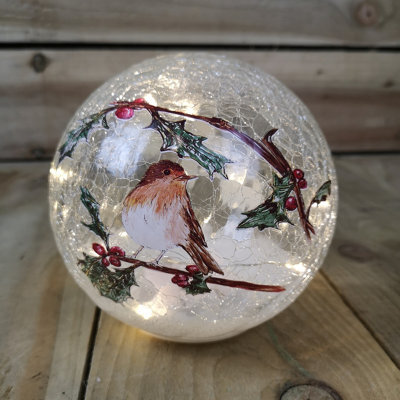 Samuel Alexander 15Cm Battery Operated Light Up Robin Crackle Glass Ball With 12 Warm White Leds - image 1