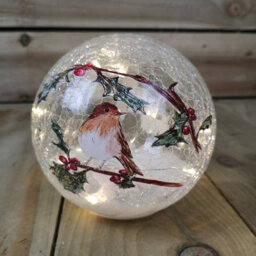 Samuel Alexander 15Cm Battery Operated Light Up Robin Crackle Glass Ball With 12 Warm White Leds - thumbnail 1
