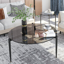 Artloge 80Cm Modern Round Tempered Glass Coffee Table With Black Metal Legs Living Room Furniture