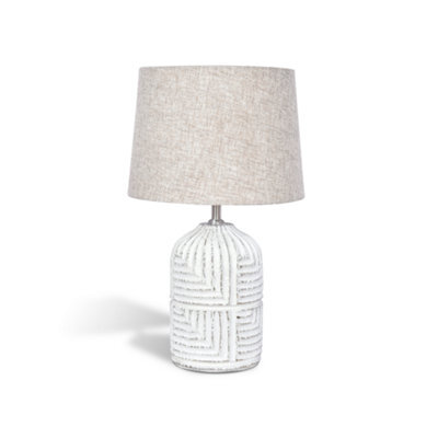 Solid Wood Table Lamp With Fabric Shade Brush White Finish Geometric Textured Base For Living Room Or Bedroom - image 1