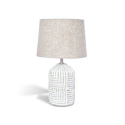 Solid Wood Table Lamp With Fabric Shade Brush White Finish Geometric Textured Base For Living Room Or Bedroom - thumbnail 1