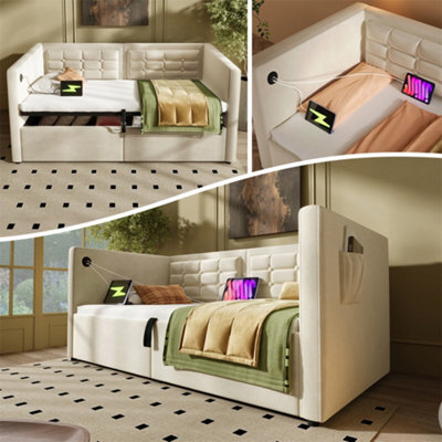 Abrihome Velvet Ottoman Daybed (90X190Cm), 3Ft Single Sofa Bed With Usb/type-C Charging & Hydraulic Storage, Beige - image 1