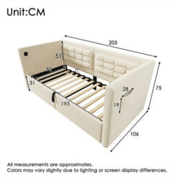 Abrihome Velvet Ottoman Daybed (90X190Cm), 3Ft Single Sofa Bed With Usb/type-C Charging & Hydraulic Storage, Beige - thumbnail 5