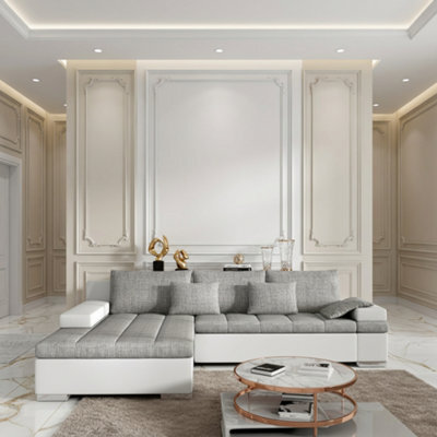 Bangkok Corner Sofa Bed With Storage And Sleeping Function Metal Legs Wooden Frame Foam Filling Light Grey And White Left - image 1