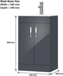 Belofay 500mm Bathroom Vanity Unit With Basin, White Ceramic Bathroom Sink With Trap And Waste, No Tap Included(New York Grey) - thumbnail 3