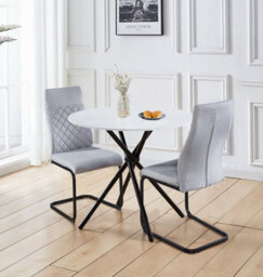 Hallowood Furniture Cullompton Small 90Cm Round Dining Table With White Marble Effect Top And 2 Light Grey High Back Dining Chairs