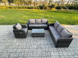 Fimous 7 Seater Rattan Outdoor Garden Furniture Sofa Set Patio Table & Chairs Set With 3 Seater Sofa Reclining Chair - thumbnail 2