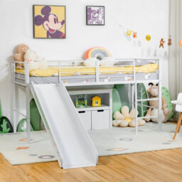Costway Loft Bed Single Size Kids Bed Frame W/ Safety Guardrails Ladder & Slide - thumbnail 4