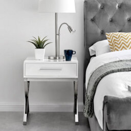 Furniturebox Oxford White High Gloss Contemporary Bedside Table With Single Drawer And Silver Chrome Legs - thumbnail 2