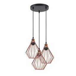 Modern Retro 3 Way Ceiling Pendant Light With Rose Gold Diamond Cage Shade And E27 Bulbs