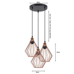 Ledsone Modern Retro 3 Way Ceiling Pendant Light With Rose Gold Diamond Cage Shade And E27 Bulbs - thumbnail 2