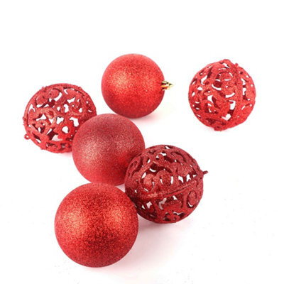 6 Pack 8Cm Red Christmas Tree Baubles Glitter & Filigree Mix Ornaments For Holiday Decoration - image 1