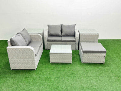 Fimous 5 Seater Outdoor Love Sofa Set Rattan Garden Furniture Set Square Coffee Table Big Footstool 2 Side Tables Light Grey - image 1