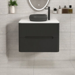 Royal Bathrooms Venice 700mm Matt Nocturne Black Wall Mounted Bathroom Countertop Vanity Unit 2 Drawer With Milan Black Basin - thumbnail 1