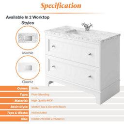 Plum&clay Beckett White Floor Standing Traditional Bathroom Vanity Unit & Basin (W)1000mm (H)850mm - thumbnail 6