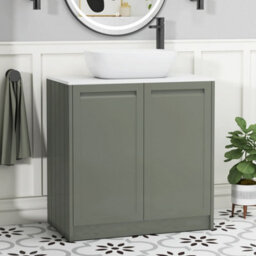 Royal Bathrooms Royal Bathroom Elmore 800mm Matt Green Freestanding Countertop Bathroom Vanity Unit 2 Door Plain White Worktop With Elva Basin - thumbnail 1